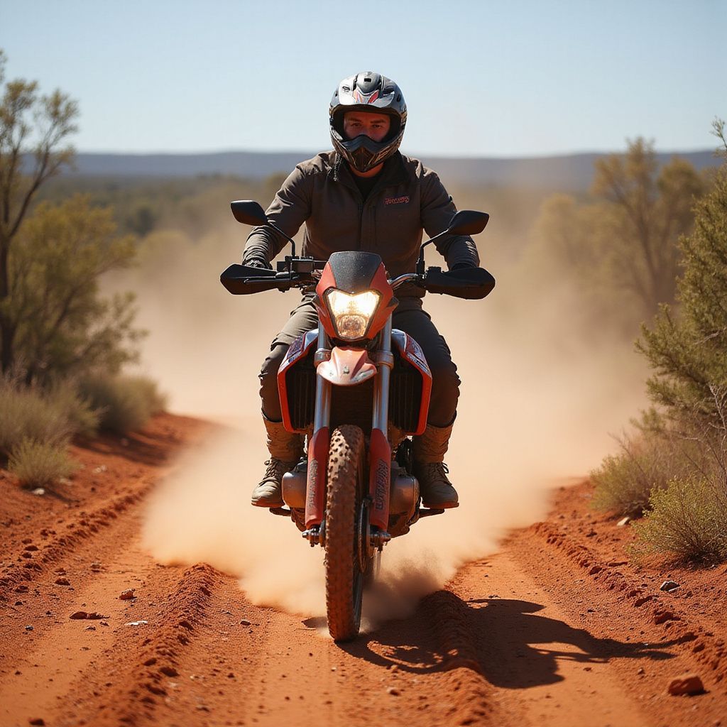Person on a dirt bike riding on a dusty red dirt road in a natural, outdoor setting.