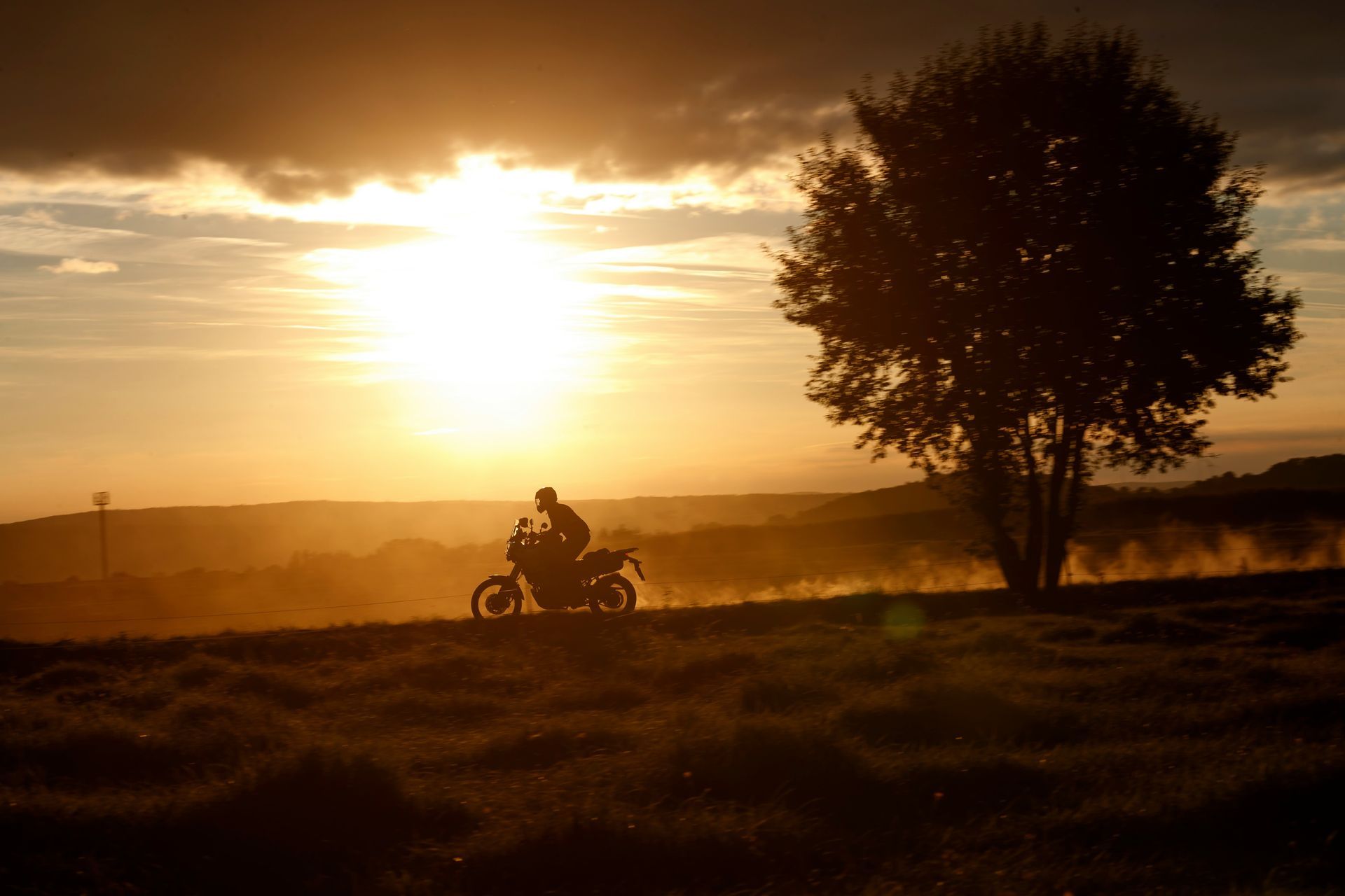 Motorcyclist silhouetted at sunset beside a lone tree on a dusty hillside