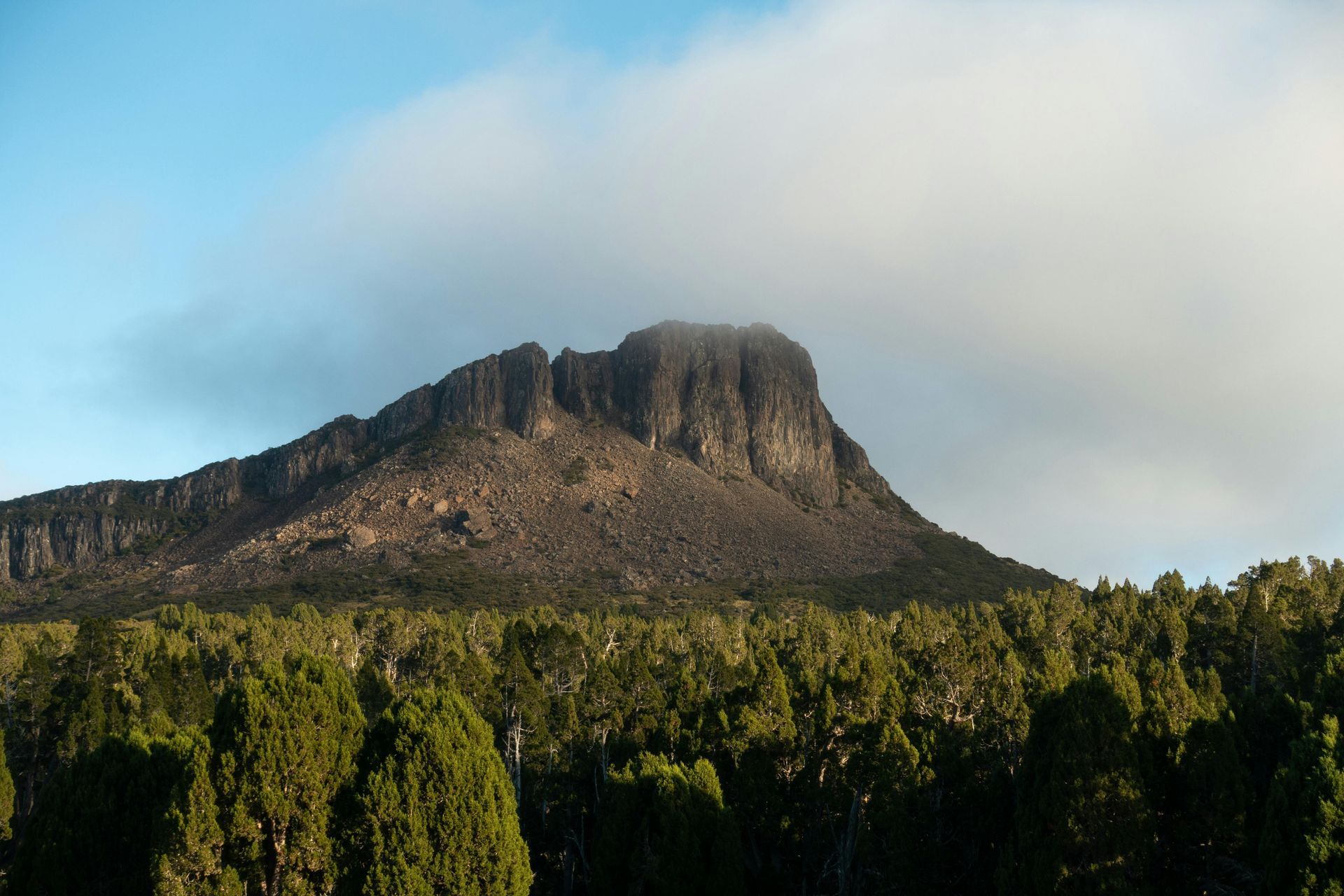 Rocky mountain ridge above a dense green forest under a cloudy blue sky