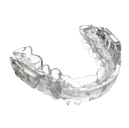 A close up image of a clear oral appliance