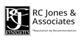 Logo for RC Jones & Associates. Black and white, with stylized