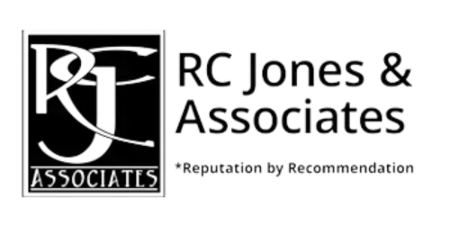 Logo for RC Jones & Associates. Black and white, with stylized