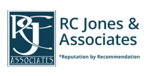 Logo for RC Jones & Associates, white and teal. Features monogram