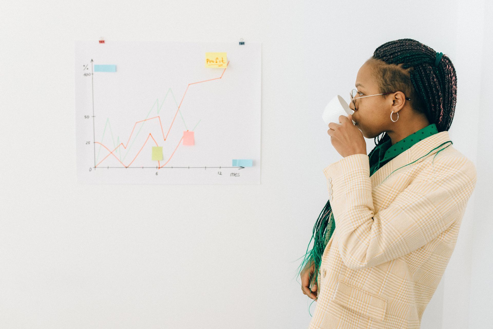 Woman sipping from a mug, looking at a wall chart with a line graph. Beige jacket, green scarf, eyeglasses.