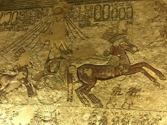 Ancient cave painting of hunters with spears chasing animals in earthy brown tones