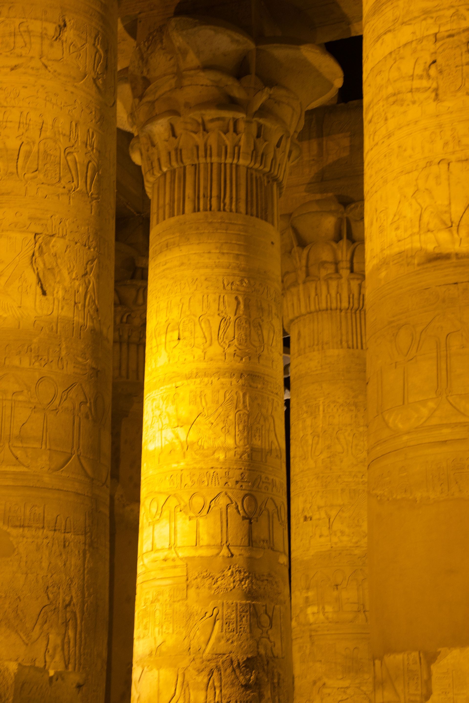 Golden-lit ancient stone columns with carved details in a temple interior