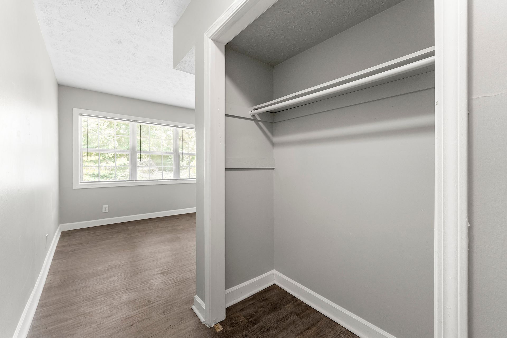 Empty walk-in closet with hanging rod and shelf, opening to a bright bedroom with a large window.