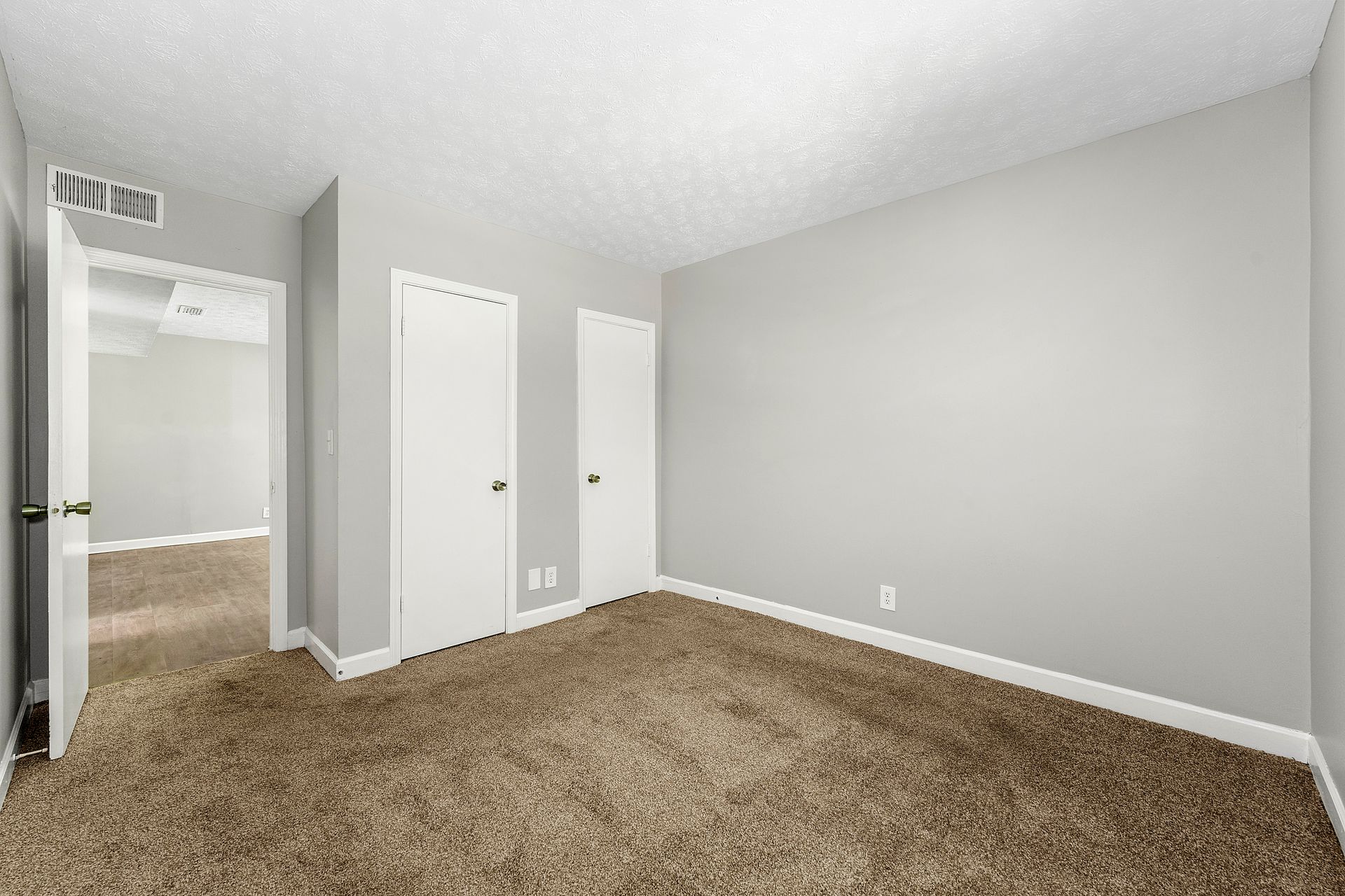 Empty beige-carpeted bedroom with gray walls and two closet doors.