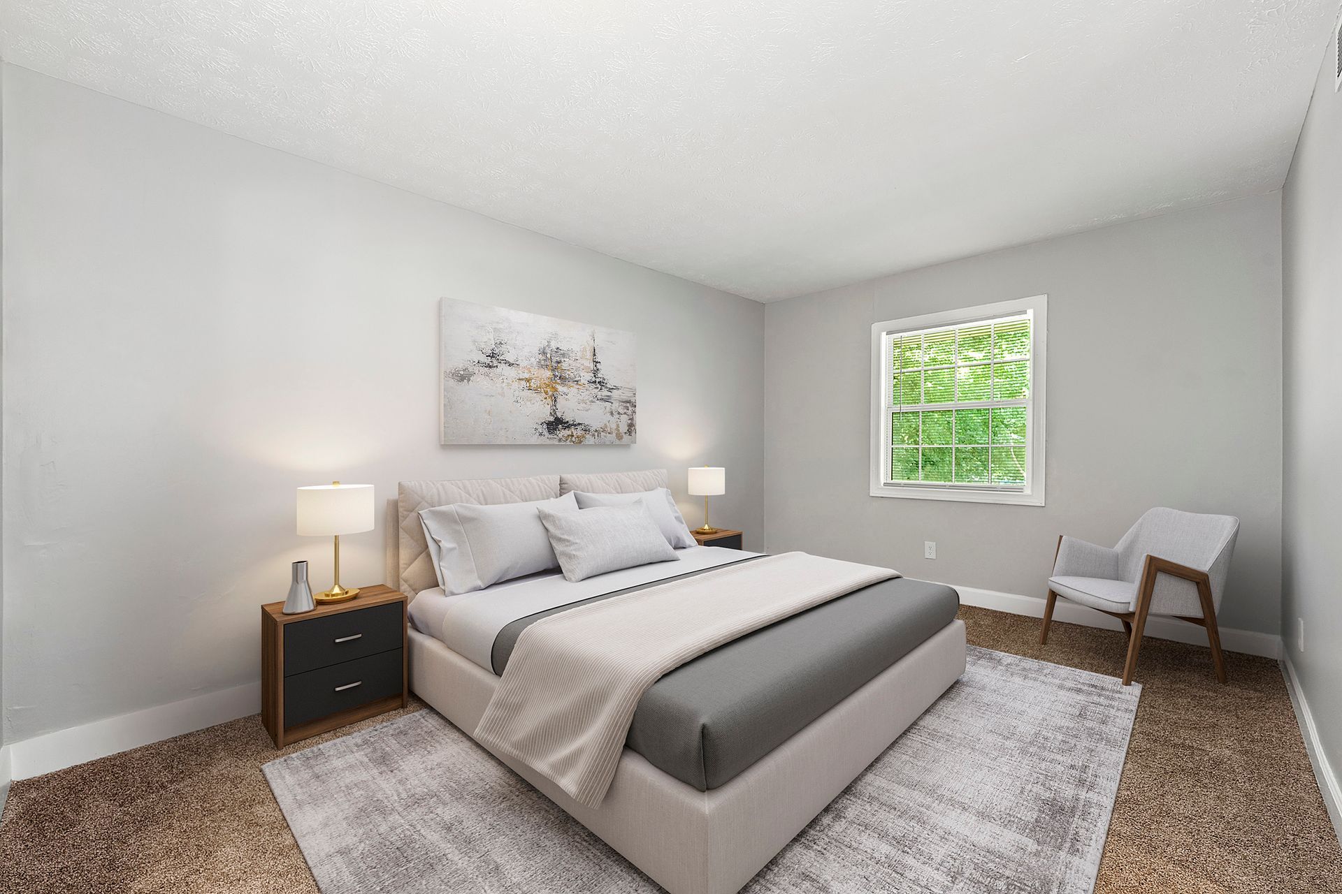 Bright minimalist bedroom with a gray bed, nightstands, a window, and a chair on a shag rug
