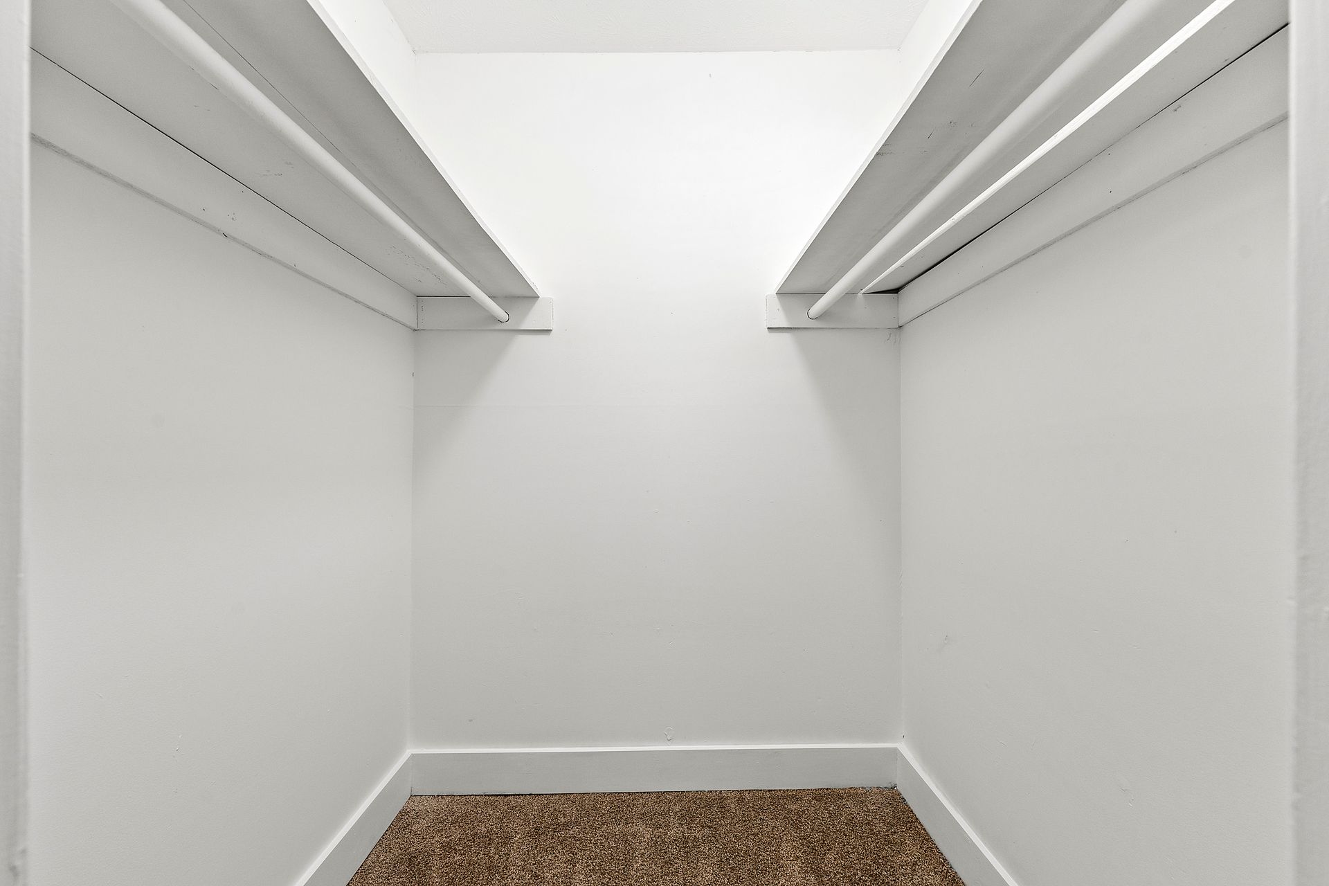 Empty white walk-in closet with wire shelving and brown carpet flooring