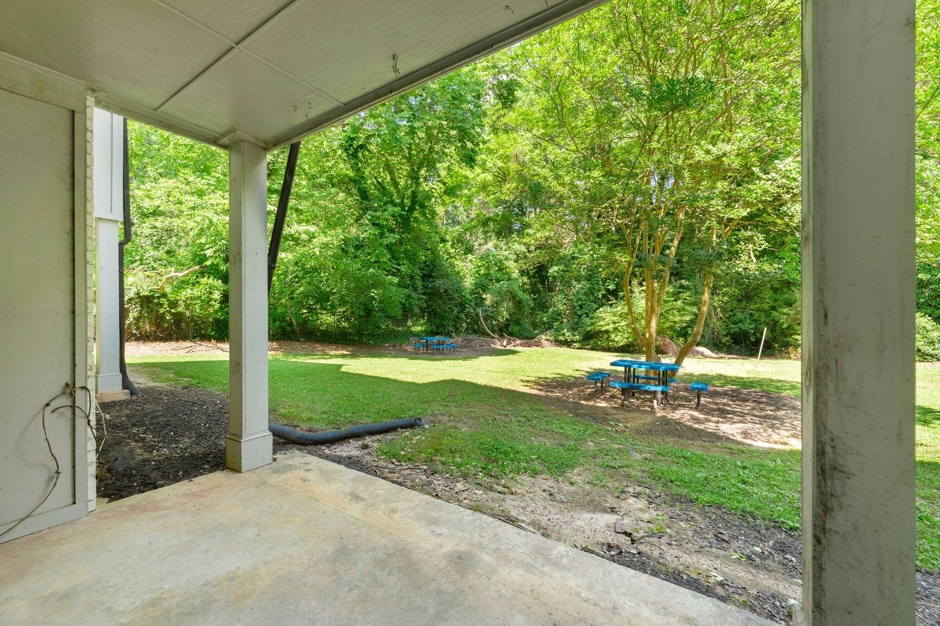 Covered patio overlooking a green backyard with trees, grass, and a blue patio table with chairs.