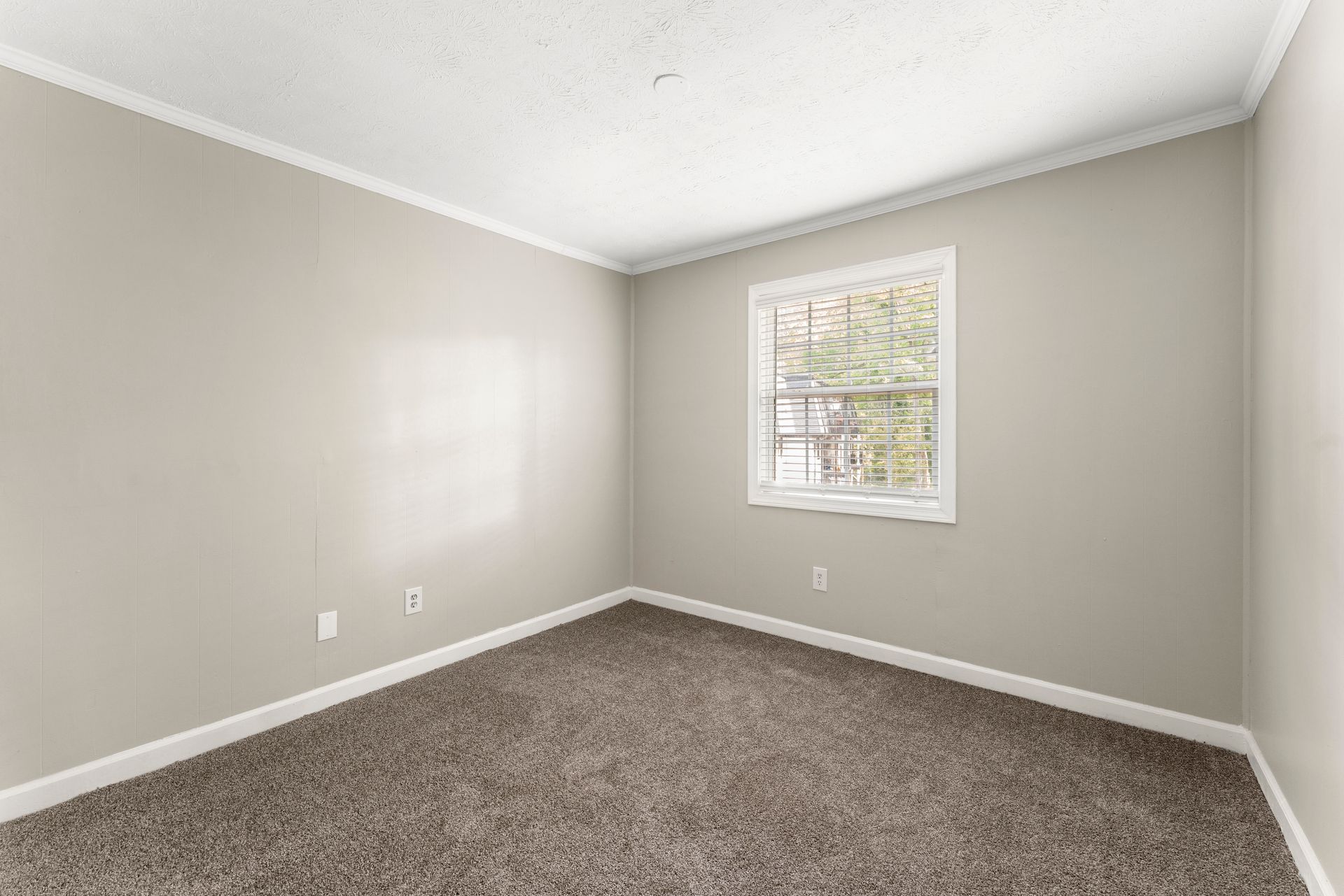 Empty beige bedroom with carpeted floor and a small window on the far wall