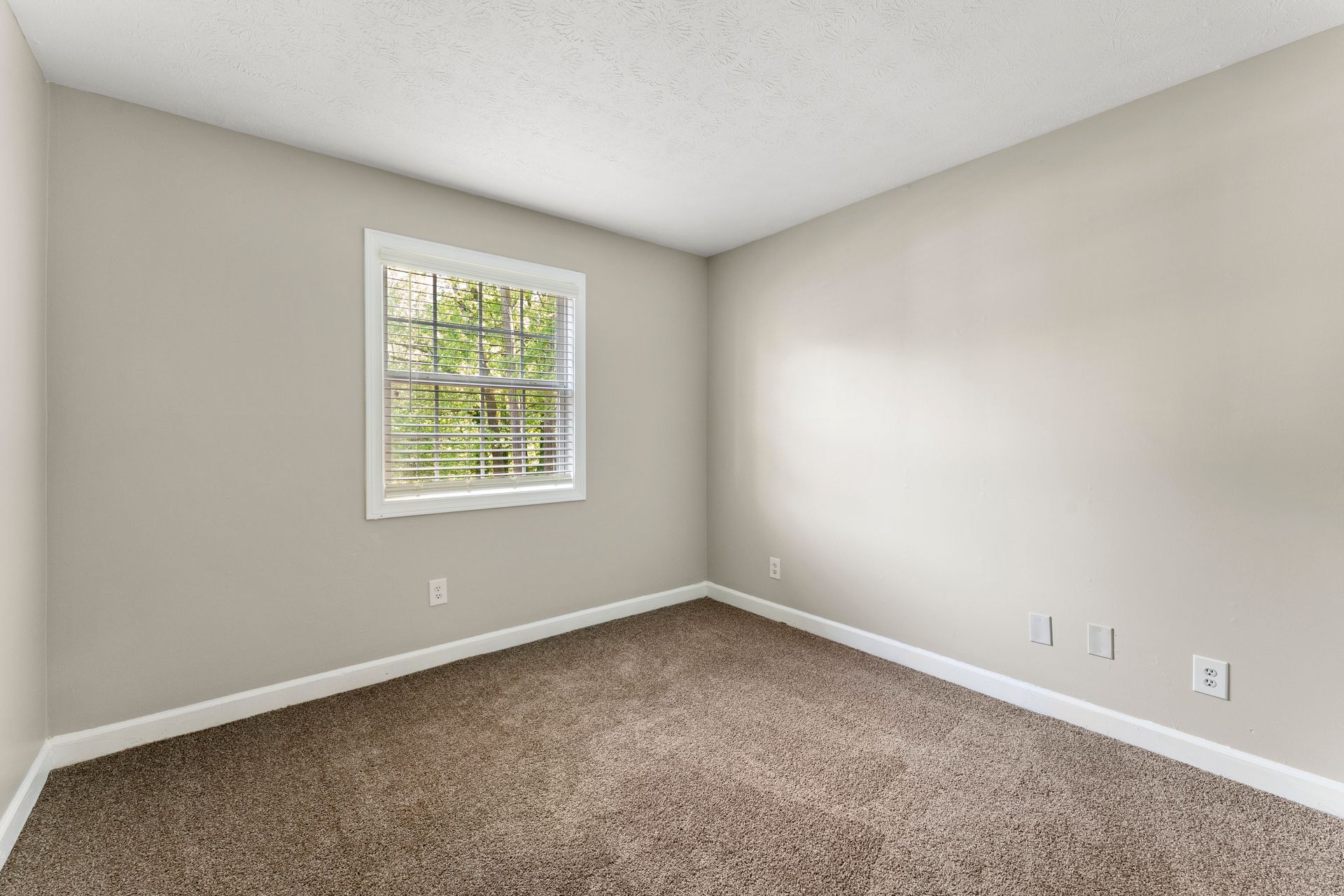 Empty beige bedroom with carpet and a small window with blinds