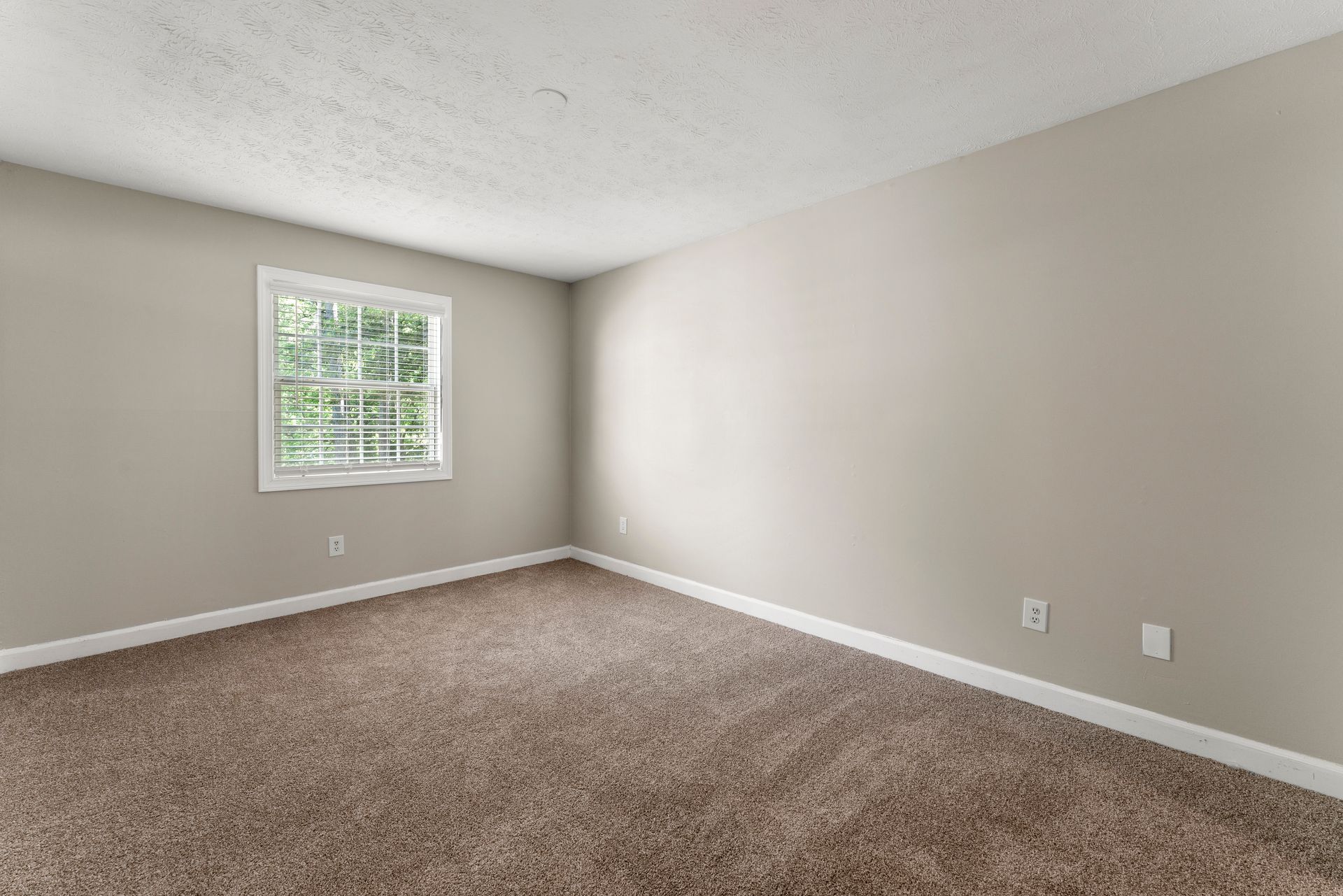 Empty beige bedroom with carpet, a small window, and white trim.