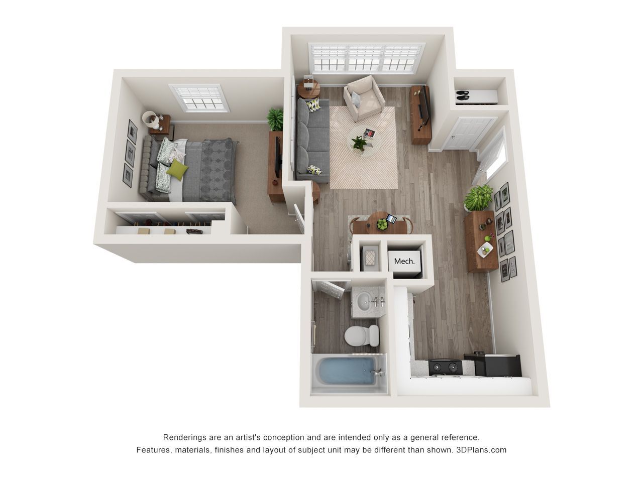 3D floor plan of a small apartment with bedroom, living area, kitchen, and bathroom