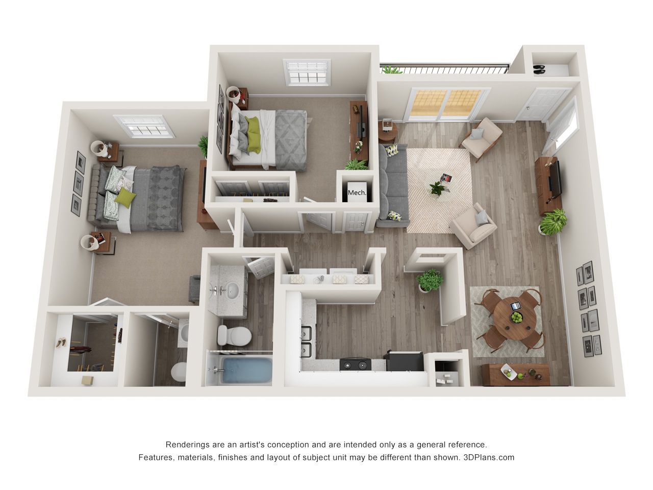 3D floor plan of a bright apartment with living room, kitchen, bedrooms, and bathroom
