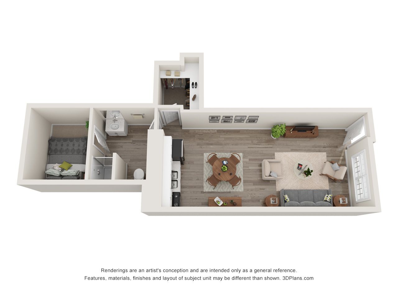 3D floor plan of a small apartment with bathroom, kitchen, and furnished living room in neutral tones