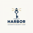 Harbor Locksmith Security Corp logo with navy key and gold lines on a light background