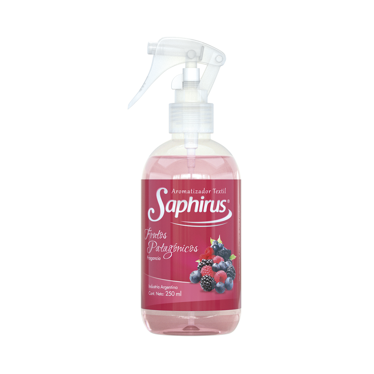 Frasco de perfume rosa Saphius con etiqueta color baya y tapa de pulverización blanca.