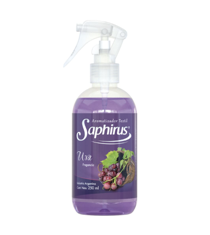 Botella de spray de limpieza Purple Saphris con pulverizador de gatillo transparente y etiqueta con uvas y hojas.