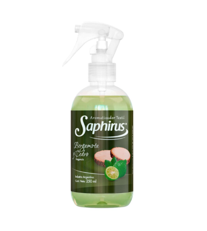 Botella de spray líquido verde Saphius con boquilla de bombeo y etiqueta con aroma a menta y lima.
