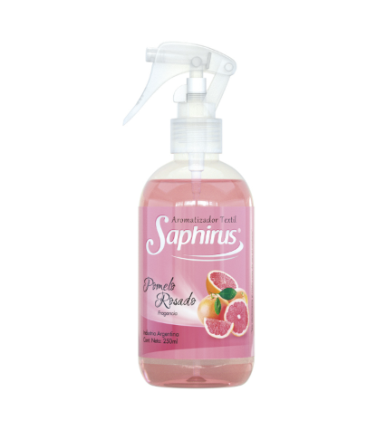 Frasco de spray corporal de perfume Pink Saphirus con estampado de frutas y tapa transparente.