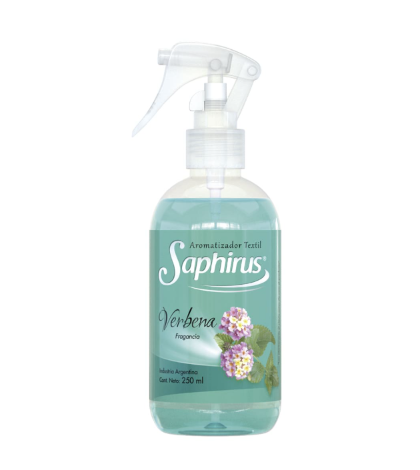 Frasco pulverizador transparente de ambientador verde Saphirus con etiqueta floral y pulverizador de gatillo blanco.