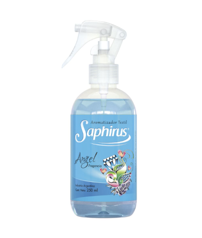 Frasco pulverizador Blue Sapphirus Angel con etiqueta floral y tapa de gatillo blanca.