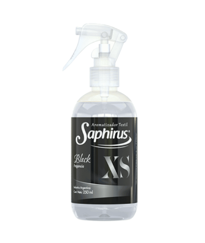 Botella pulverizadora transparente del limpiador de cuero Black XS de Saphir con etiqueta gris y negra.