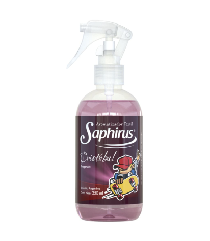 Frasco pulverizador transparente de ambientador líquido rosa Saphirus con boquilla blanca.