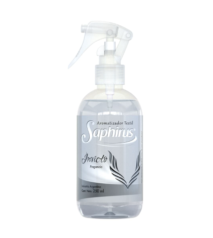 Frasco pulverizador transparente del ambientador Saphirus con etiqueta gris y diseño de hoja.