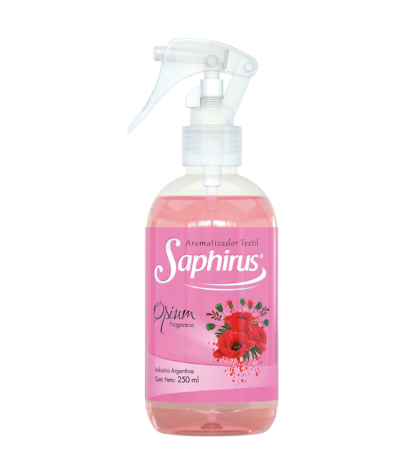 Botella de ambientador Pink Saphirus con diseño floral y boquilla pulverizadora.
