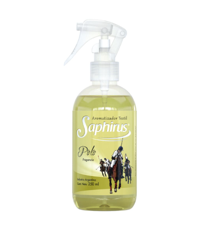 Frasco pulverizador transparente de perfume textil amarillo Saphirus con un dibujo de un caballo en la etiqueta.