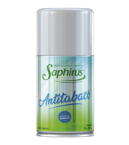 Lata de aerosol antitabaco Saphius con tapa plateada y etiqueta verde-azul.