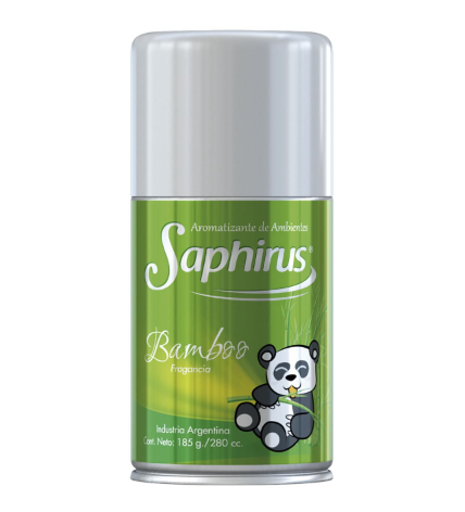 Lata de aerosol Green Saphirus Bamboo con ilustración de panda y tapa plateada.