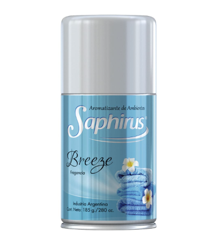 Ambientador Blue Saphirus Breeze con tapa plateada sobre fondo blanco.