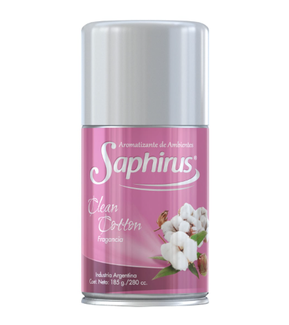 Lata de aerosol Pink Saphirus con flores de algodón en la etiqueta y tapa plateada.