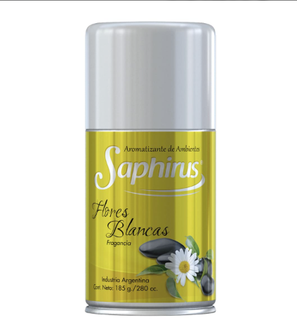 Lata de betún para zapatos Saphirus de color amarillo y plateado con flores blancas en la etiqueta.