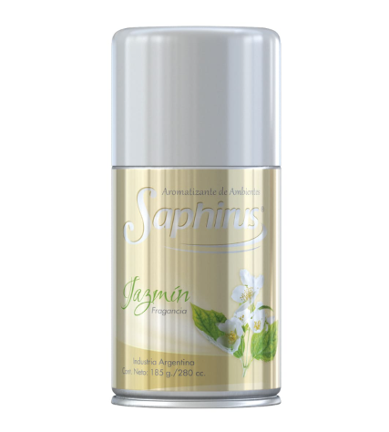 Lata de aerosol plateada y dorada con etiqueta floral de jazmín.