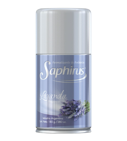 Lata de aerosol Saphirus color lavanda con tapa plateada sobre fondo blanco.