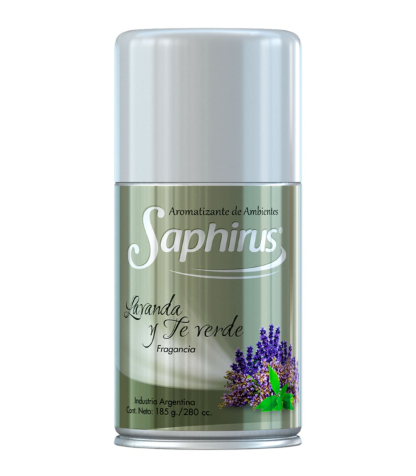 Ambientador en aerosol Saphirus con aroma a lavanda y té verde, decorado con flores moradas.