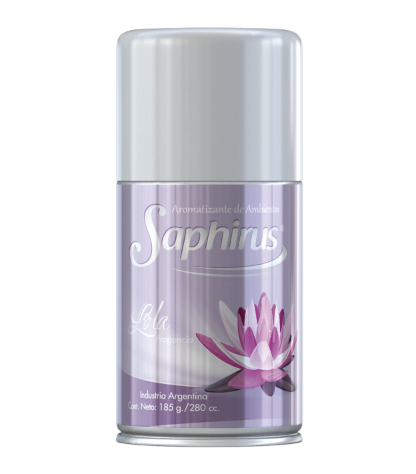 Lata de spray Silver Saphirus con diseño de loto morado en una etiqueta color lavanda.