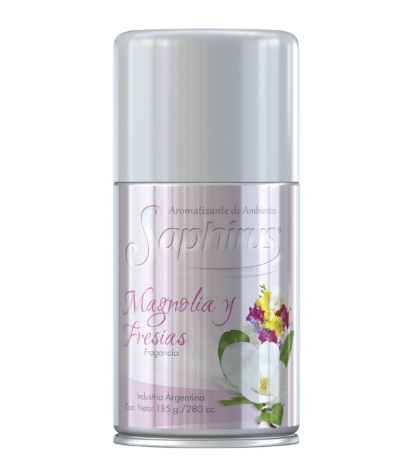 Desodorante en spray rosa y plateado con diseño de flor de magnolia.