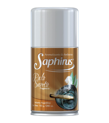 Lata de spray para pulir Saphir con etiqueta marrón y tapa plateada sobre fondo blanco.