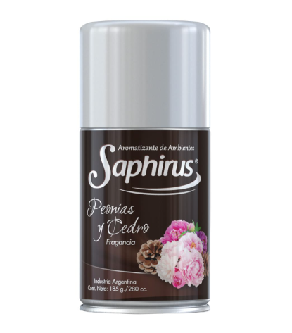 Perfume en aerosol Saphirus con fragancia floral para el hogar, en color plata y negro con flores de peonía rosa.
