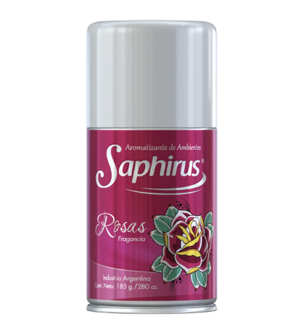 Lata cilíndrica de ambientador Saphirus Rosas con etiqueta rosa y dibujo de una rosa.