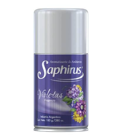 Ambientador en aerosol morado de Saphirus Violetas con diseño floral.