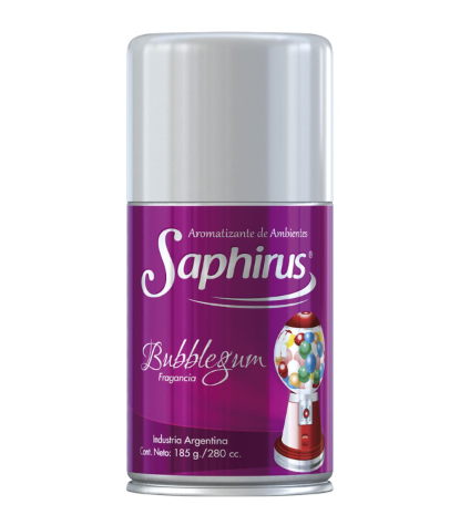 Ambientador con forma de chicle Purple Saphirus, lata con tapa plateada y gráfico de fragancia multicolor.