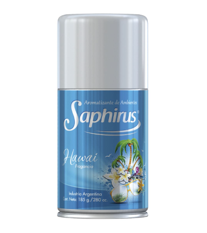Lata de aerosol Saphirus Hawaii azul y plateada con estampado de flores tropicales y motivos playeros.