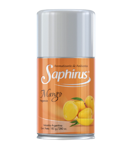 Ambientador en aerosol Saphirus con aroma a mango, etiqueta naranja e imagen de una fruta de mango.